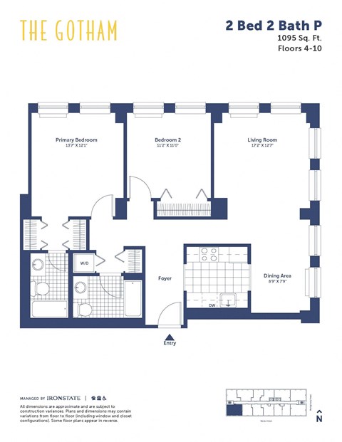 Floor plan for 2 beds, 2 baths, 1095 sqft